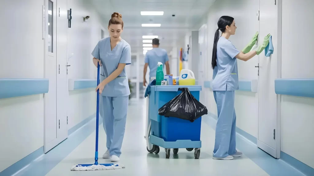 Profissional de limpeza hospitalar fazendo a higienização do chão com um esfregão, enquanto outra pessoa limpa as portas.