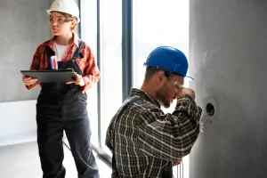 Técnico elétrico e uma colega de trabalho fazendo a manutenção preventiva do sistema elétrico de condomínio.