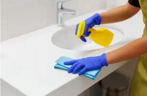 Profissional do serviço de limpeza e conservação fazendo a higienização de pia de banheiro.