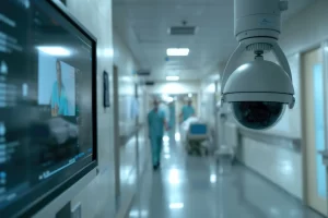 Um corredor de hospital com uma câmera de vigilância, ilustrando a segurança em hospitais.