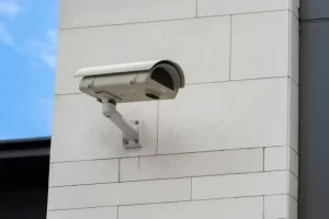 Imagem de uma câmera de segurança de vigilância patrimonial presa na parede externa de um prédio.
