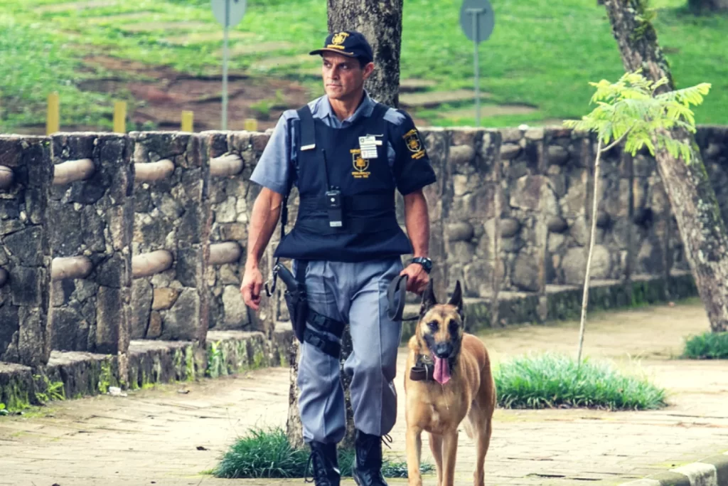 Guarda de segurança da Generall fazendo ronda com cães e aplicando dicas de segurança patrimonial.