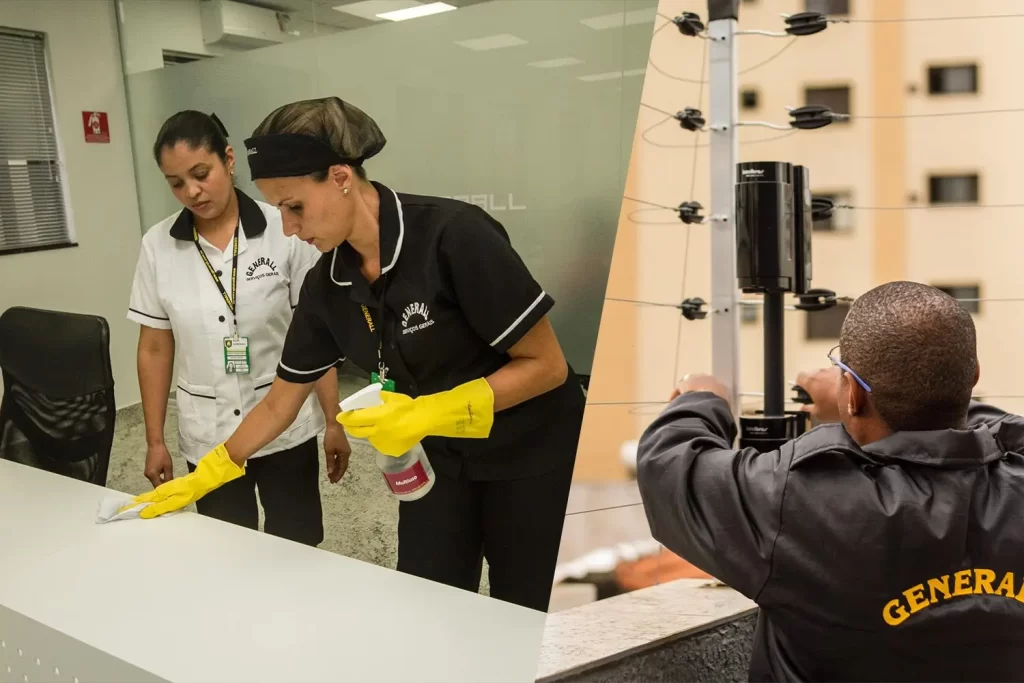 Profissionais de serviços gerais e de segurança trabalhando em contrato de faciltiies