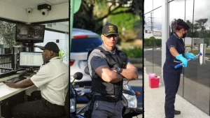 Profissionais de facilities integradas fazendo serviços de limpeza, portaria e vigilância
