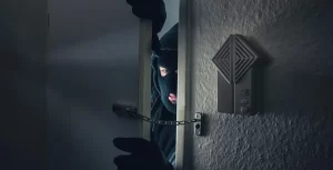 Criminoso encapuzado invade a porta de uma casa, ilustrando a importância do sistema antifurto